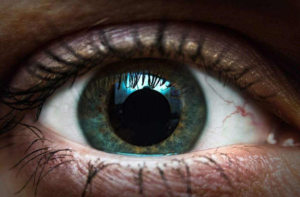 A close-up of a patient's dilated pupil during a routine eye exam.