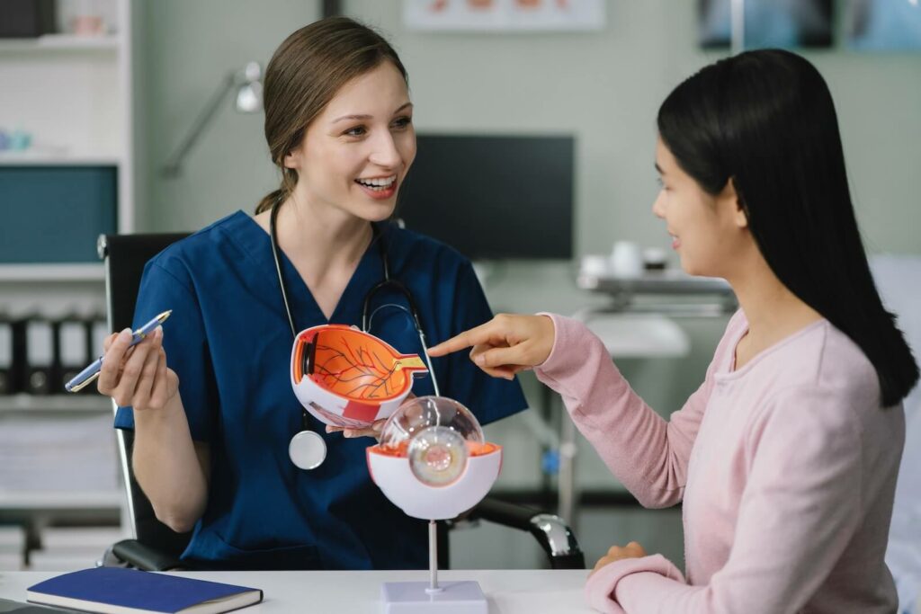 An eye doctor holding a model of the eye and showing a patient the tiny blood vessels inside.