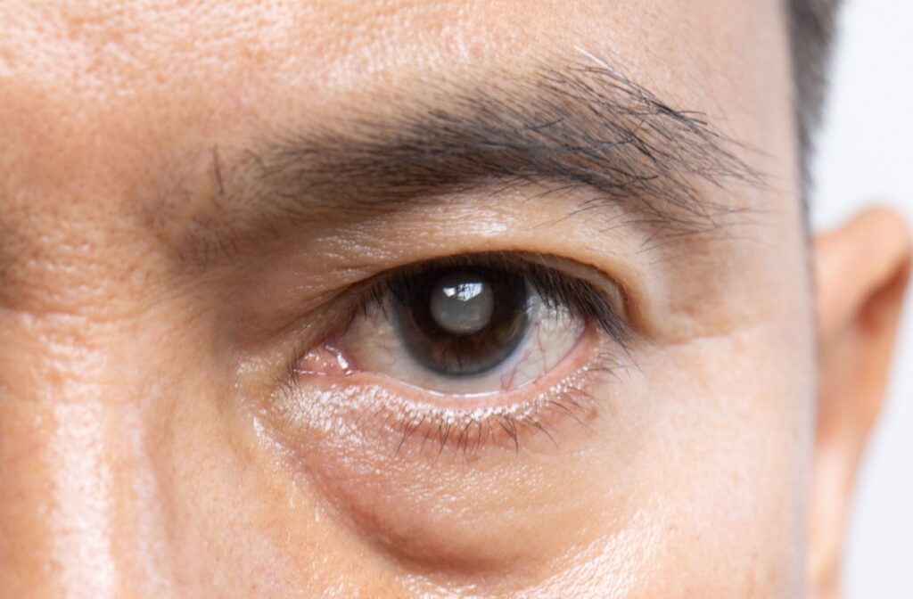 A close up of someone's eye is shown, with a visible "film" often attributed to cataracts.