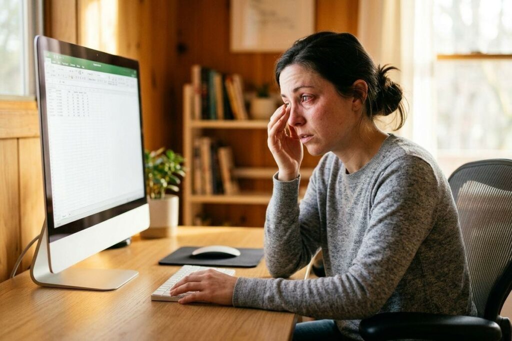 Adult sitting at a home desk, wiping an eye while looking at a spreadsheet on a desktop computer, appearing distressed.
