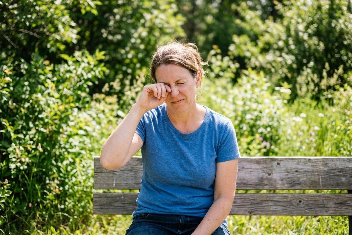 adult-sitting-on-an-outdoor-wooden-bench-rubbing-one-eye-with-hand-eyes-closed-s Adult sitting on an outdoor wooden bench rubbing one eye with hand eyes closed s