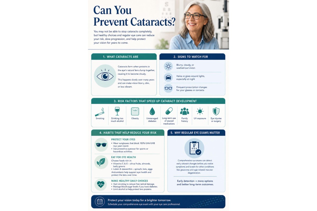 Infographic titled can you prevent cataracts explaining cataract prevention comm
