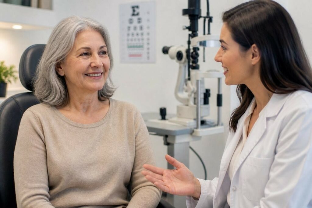 Optometrist speaking with patient about cataracts.