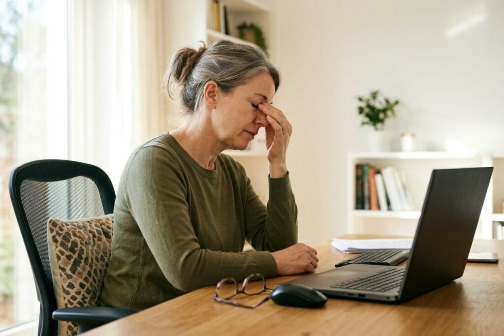 Older adult sitting at a desk with a laptop, eyes closed, pinching the bridge of their nose. Glasses rest on the table nearby.