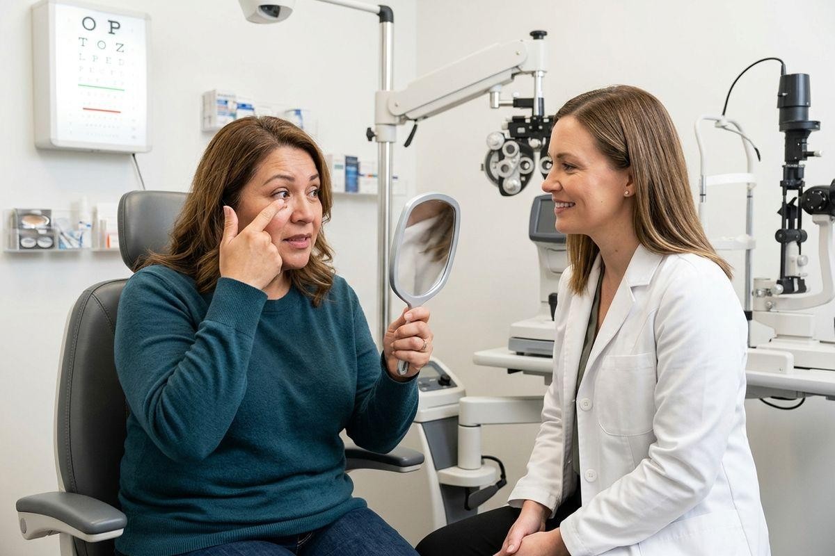 Patient holding a hand mirror and touching their eye while a smiling optometrist