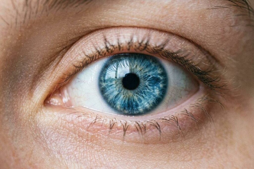 Close-up of a human eye with a blue-grey iris, dark pupil, and visible eyelashes against light skin.