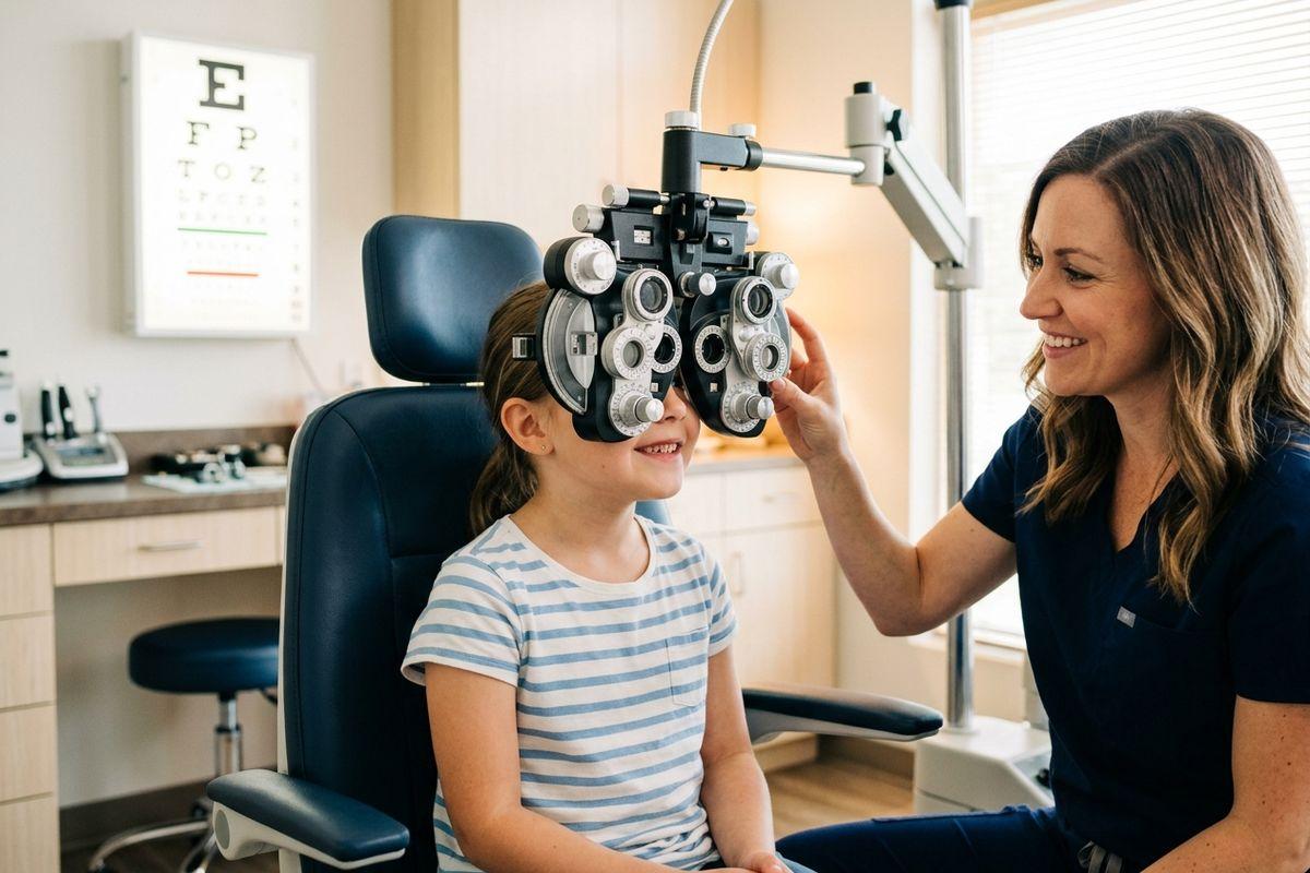 Smiling optometrist holds a phoropter over a smiling child's eyes in an exam room with an eye chart on the wall.