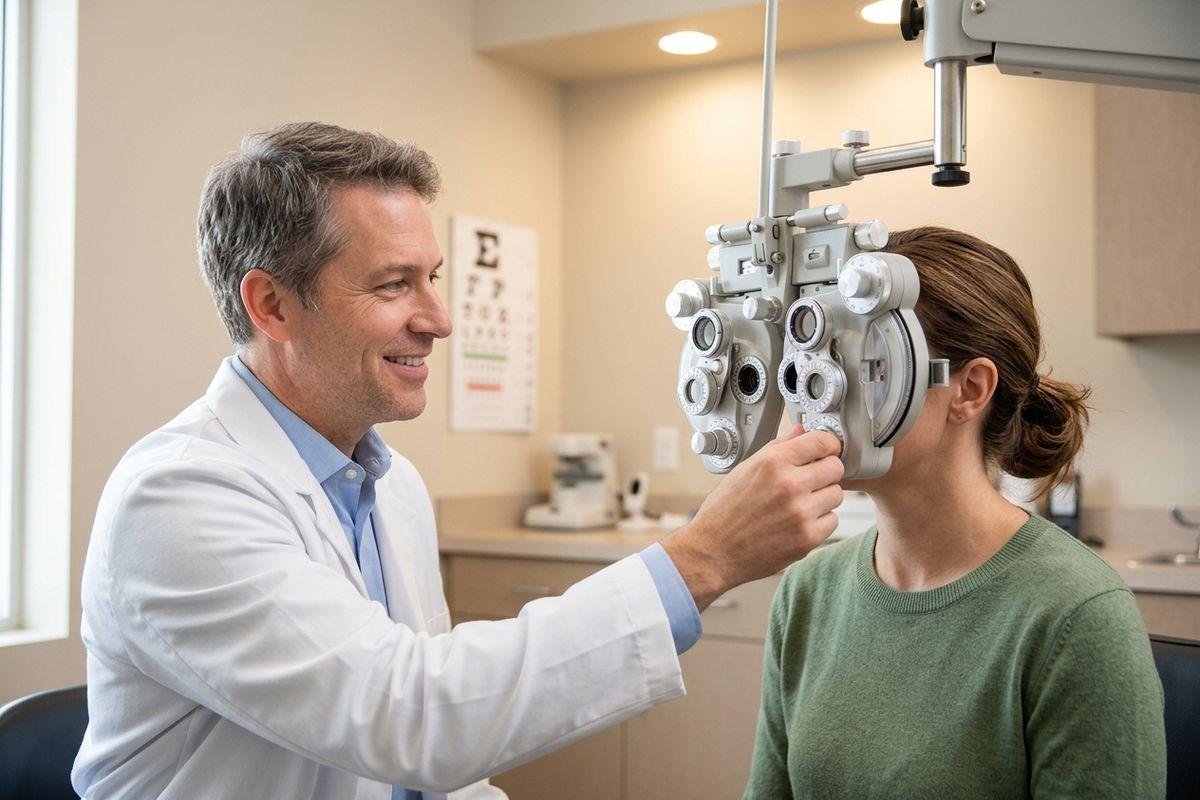 Optometrist adjusting a phoropter for a patient during an eye exam, with an eye chart on the wall behind.
