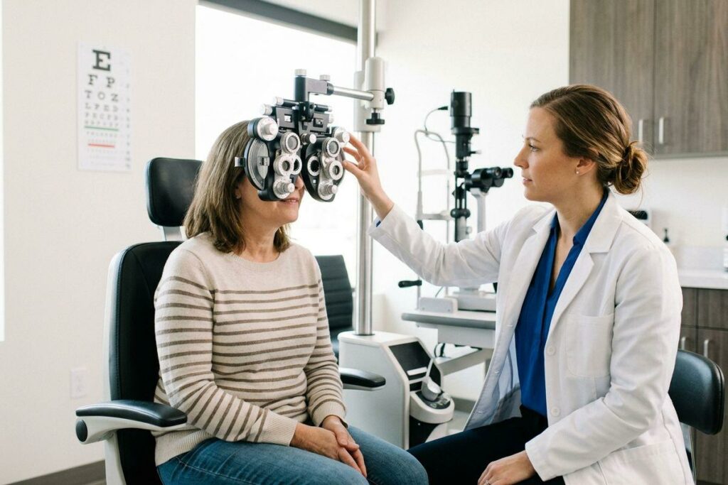 Optometrist adjusting a phoropter for a seated patient during an eye exam, with an eye chart on the wall.
