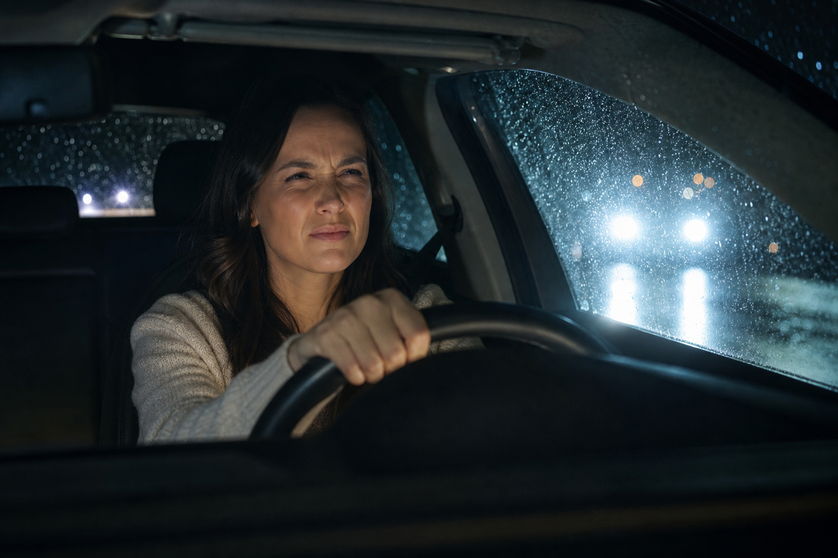 Person driving at night in rain, squinting at oncoming headlights through a wet windshield.