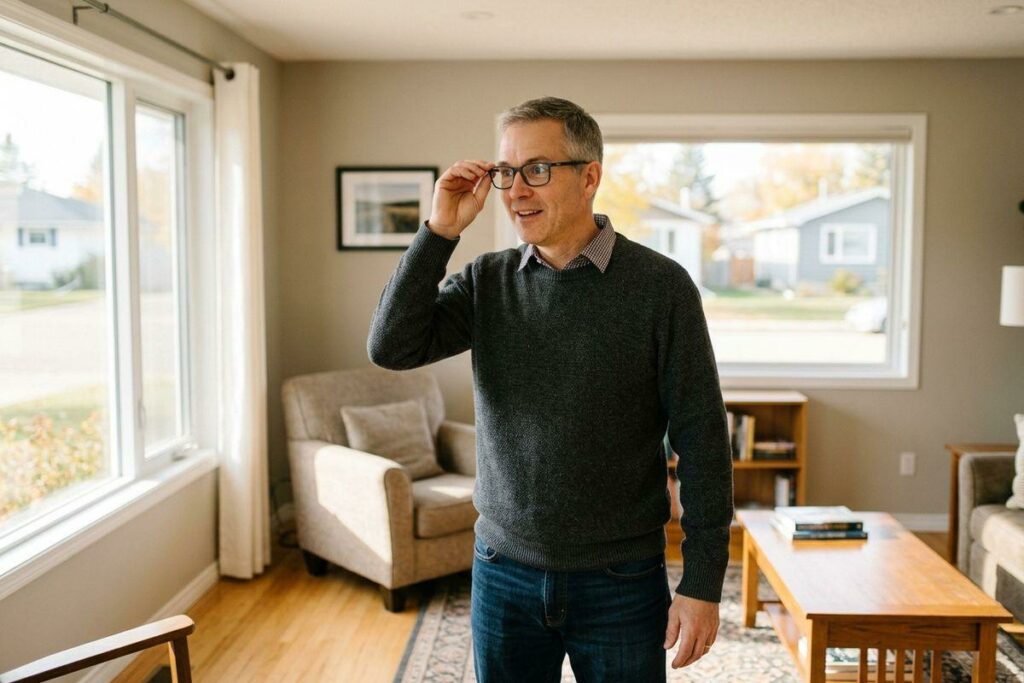 Person in a grey sweater adjusting their glasses while standing in a bright living room with windows and an armchair.