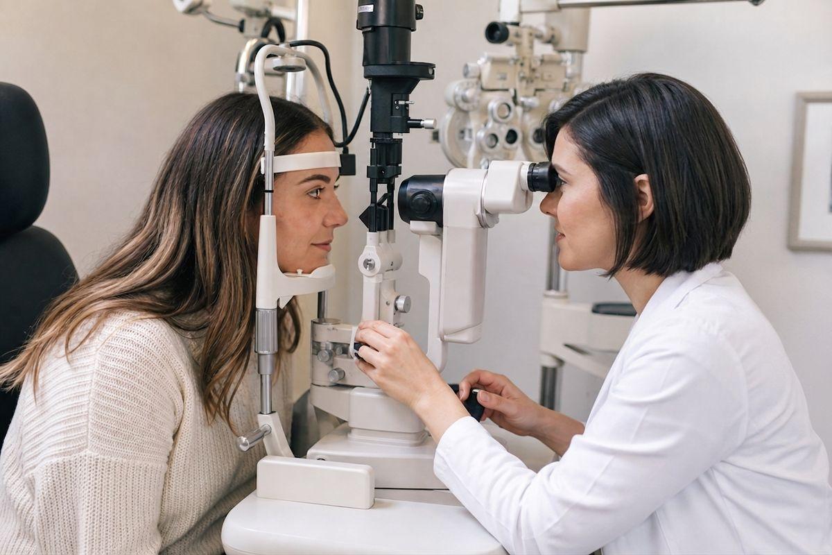 Optometrist examines a patient's eyes using a slit lamp during an eye exam.