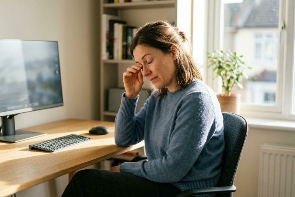 Person at a desk rubbing their eye with eyes closed, sitting beside a computer monitor and keyboard near a window.
